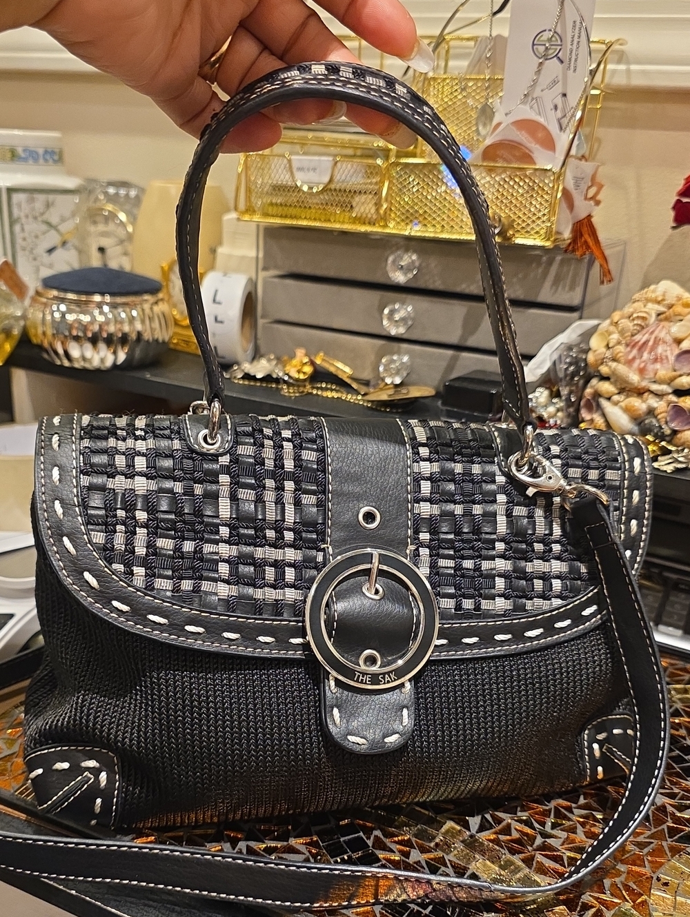 The Sak Black and Silver Woven-Accent Shoulder Bag